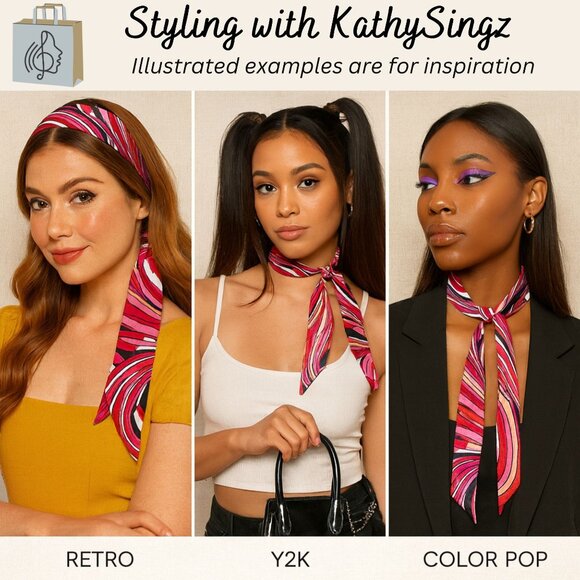 Slim Scarf 34inch Abstract Swirl Print Hair Accessory Pink Red Black No29 - Picture 3 of 8